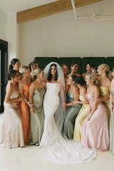 Sheath Strapless Colorful Bridesmaid Dress Cheap Silk Satin Maxi Dress