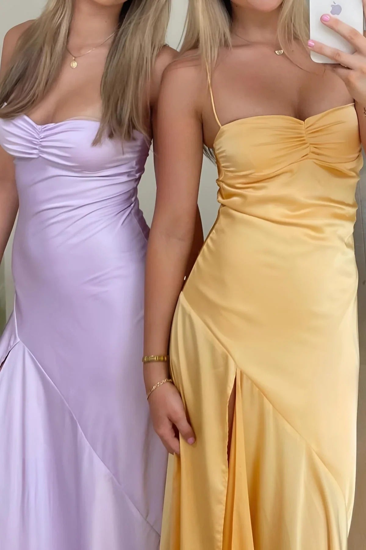 Sheath Strapless Yellow Maxi Dress Satin Wedding Guest Dress with Slit