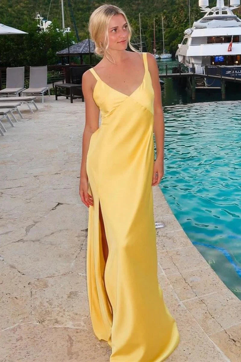 Sheath Yellow Maxi Dress For Wedding Guests V-Neck Tie-Back with Slit