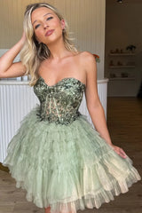 Shiny A-Line Short Sequined  Sage Green Homecoming Dress 