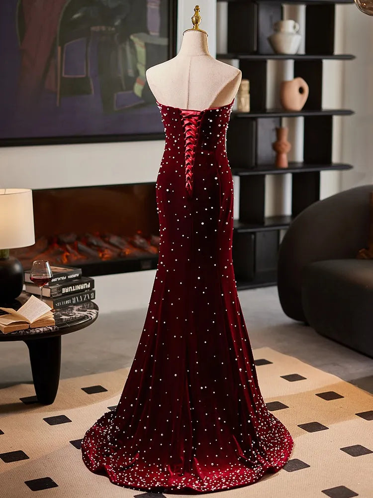 Shiny Luxury Strapless Burgundy Evening Dress Pearls Sleeveless