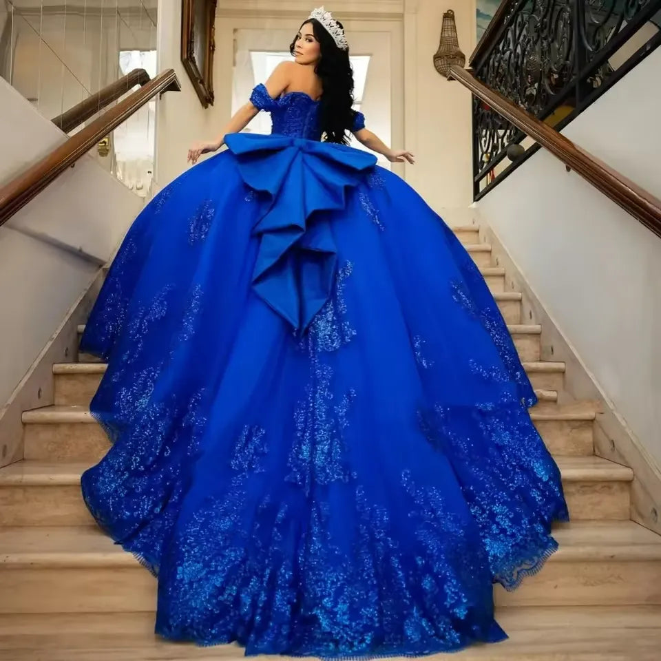 Shiny Royal Blue Off-Shoulder Quinceanera Dress Lace Applique With Bow