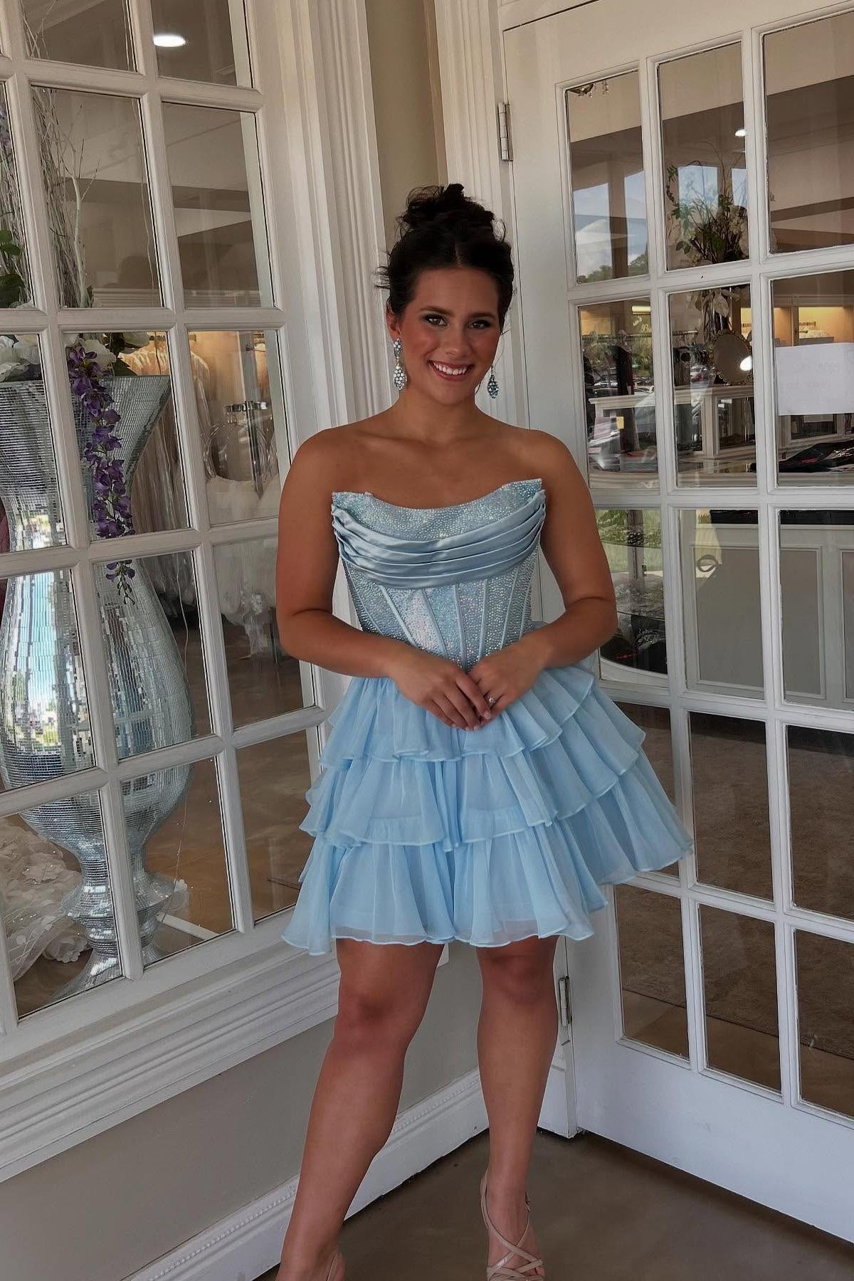 Shiny Short Corset Blue Homecoming Dress Beaded A-line Ruffle Mychicdress