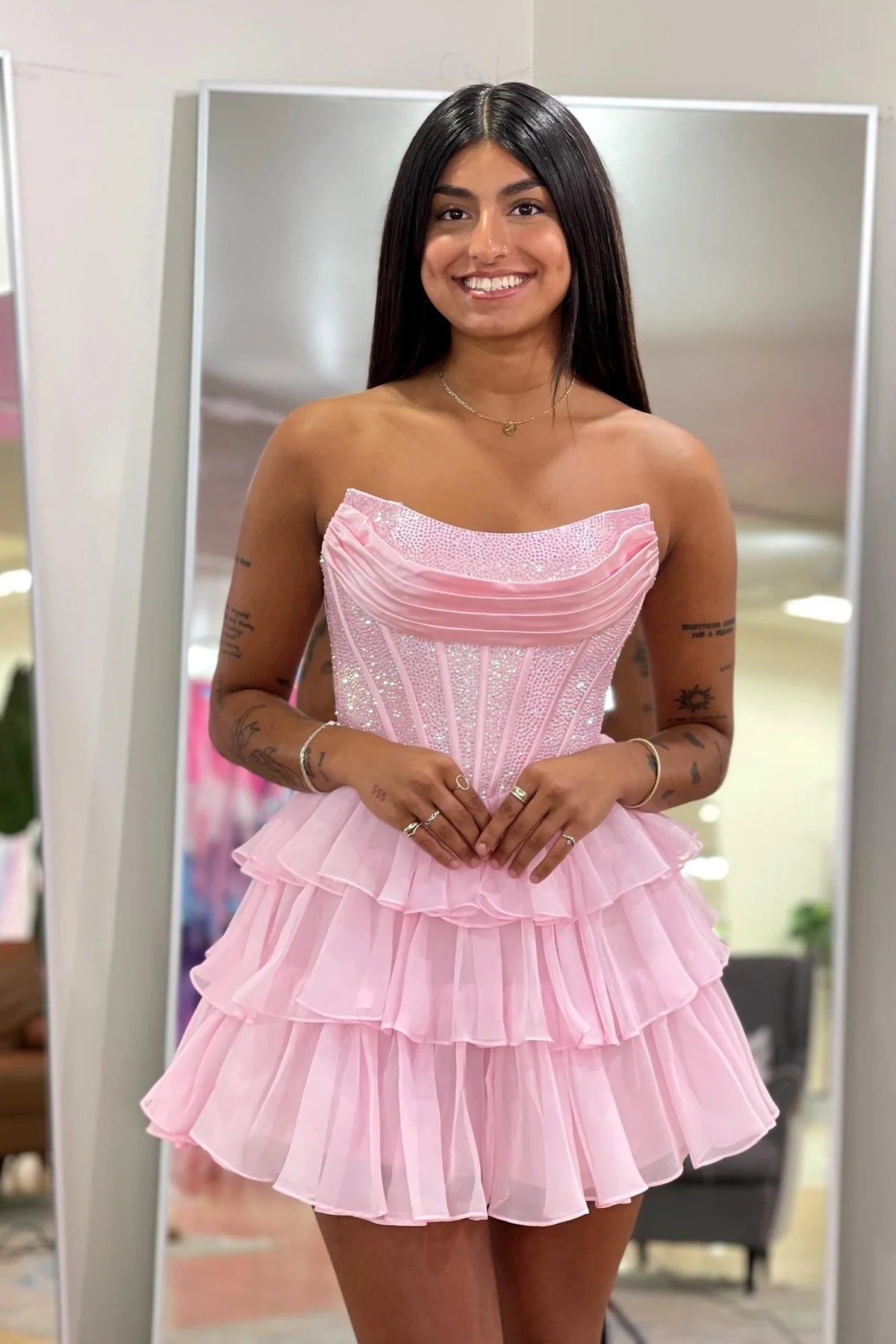 Shiny Short Corset Yellow Homecoming Dress Beaded A-line Ruffle