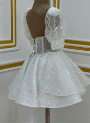 Shiny White Sequined Hoco Dresses Corset Sweetheart Short Sleeves Mychicdress
