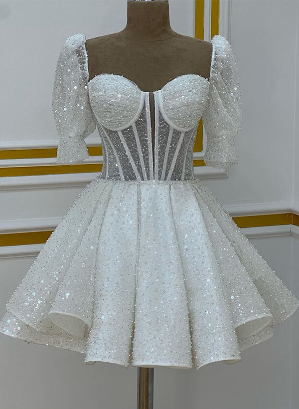 Shiny White Sequined Hoco Dresses Corset Sweetheart Short Sleeves Mychicdress