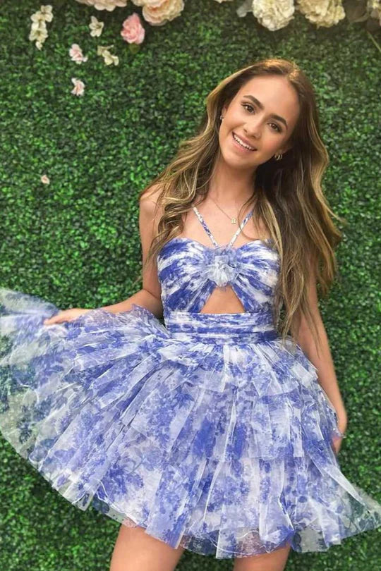 Short Floral Blue Homecoming Dress Halter Chiffon A-Line Mychicdress