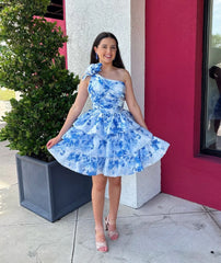 Short One Shoulder Blue Floral Homecoming Dress Tiered with Flower