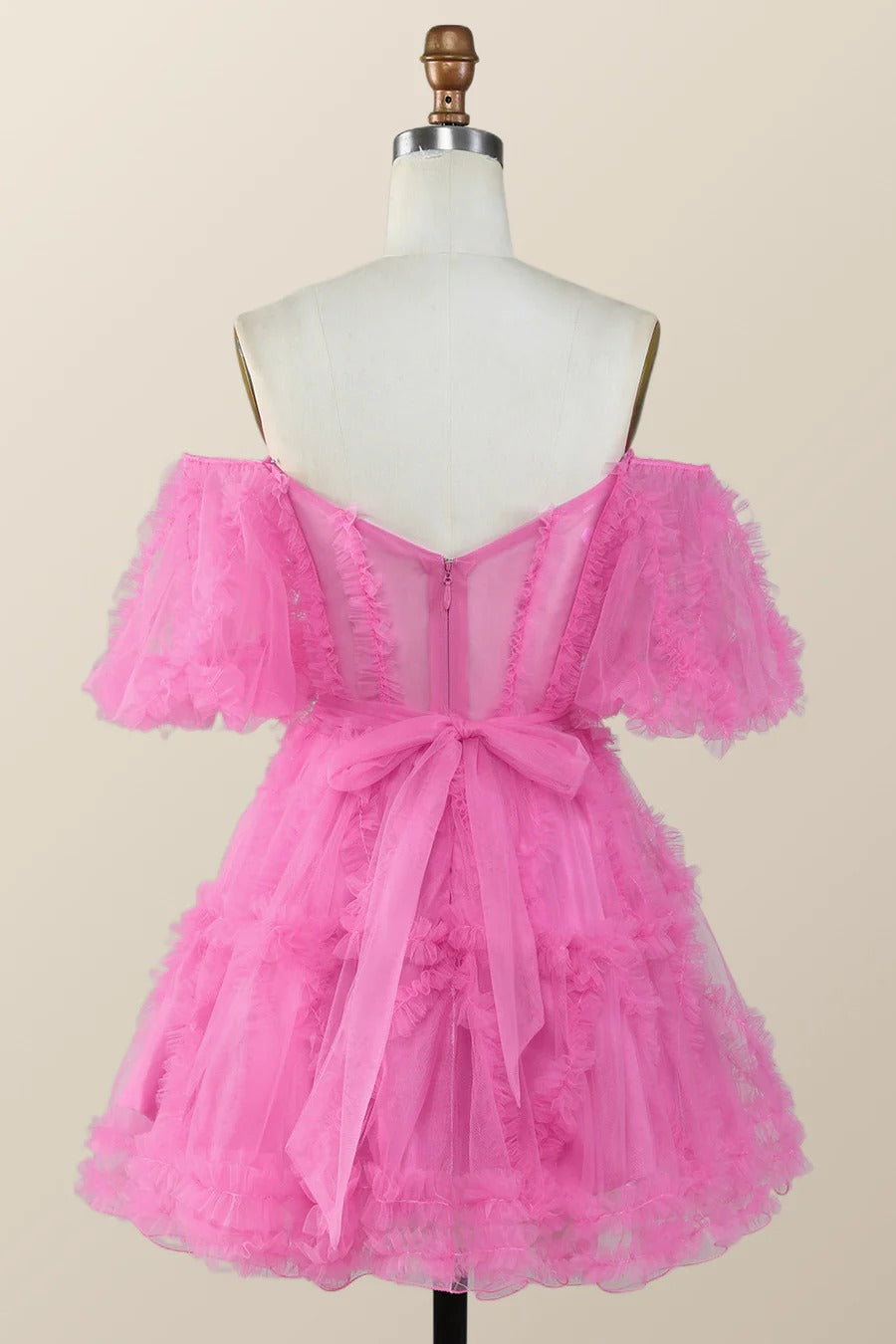 Short Ruffles Homecoming Dress pink Tulle Off the Shoulder Mychicdress