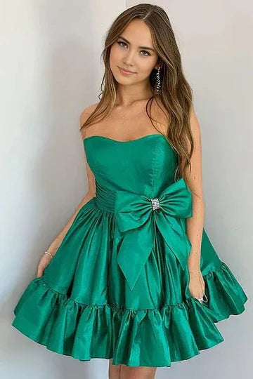 Short Strapless green Homecoming Dress Satin Beaded with Bow Mychicdress