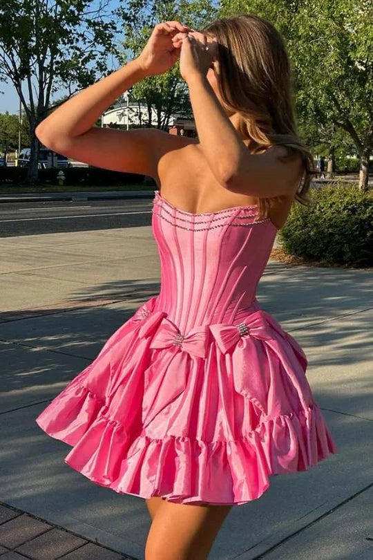 Short Strapless pink Homecoming Dress Satin Beaded with Bow Mychicdress
