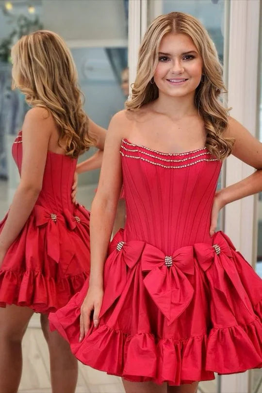 Short Strapless red Homecoming Dress Satin Beaded with Bow Mychicdress