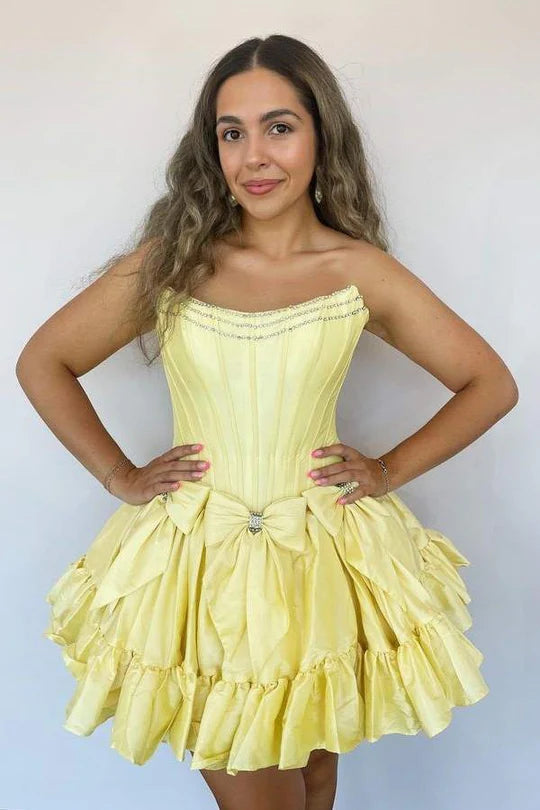 Short Strapless yellow Homecoming Dress Satin Beaded with Bow Mychicdress