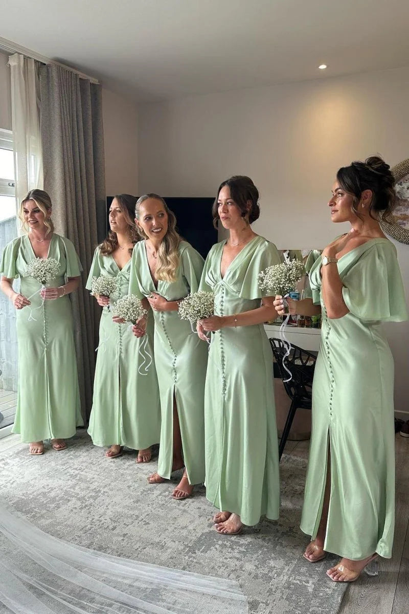 Silk Satin Sage Green Bridesmaid Dress Beach with Flare Sleeves Buttons