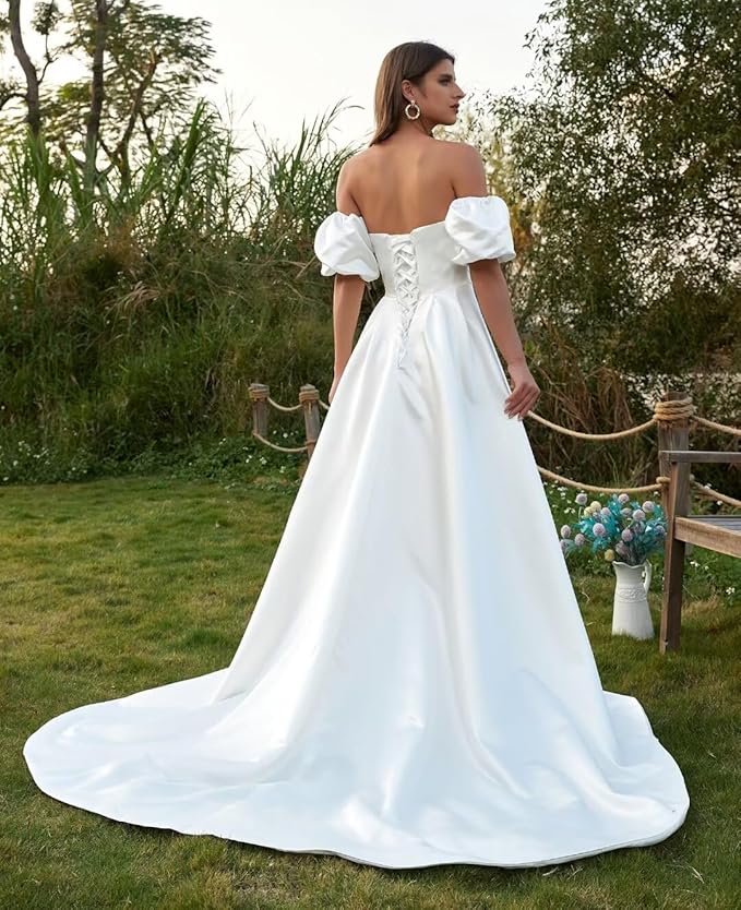 Simple Beach Strapless Satin Wedding Dresses for Women with Puff Sleeves Mychicdress
