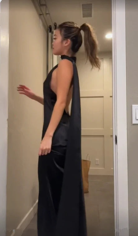 Simple Black Prom Dress Long Formal Dress for Wedding Guests Backless