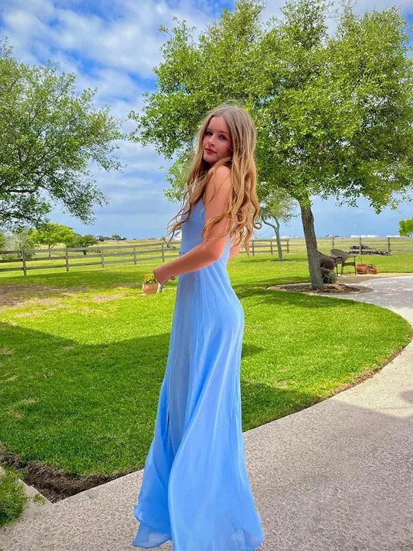 Simple Blue Square Wedding Guest Dress Long Maxi Party Dress