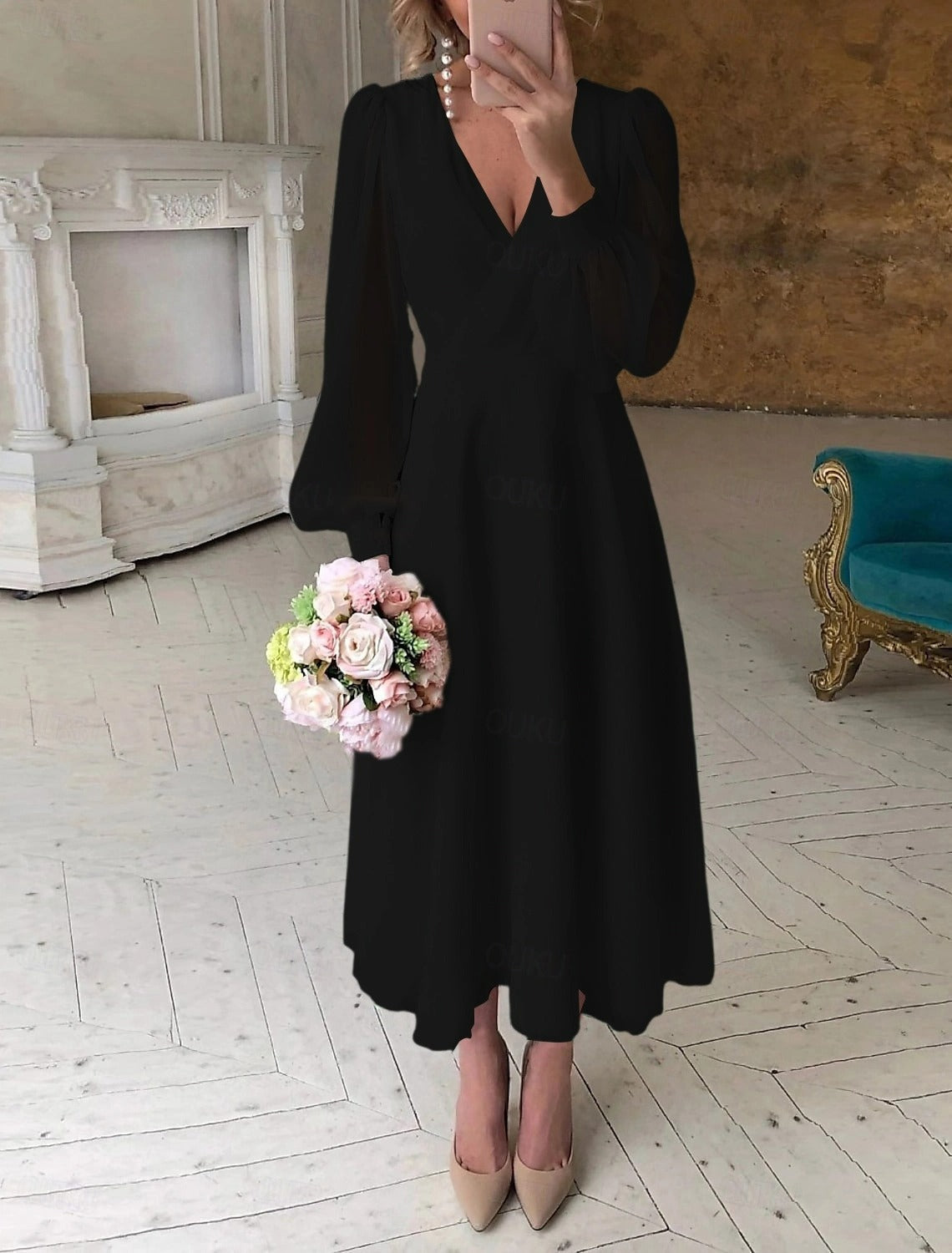 Simple Chiffon black Reception Wedding Dress Ankle Length Long Sleeve