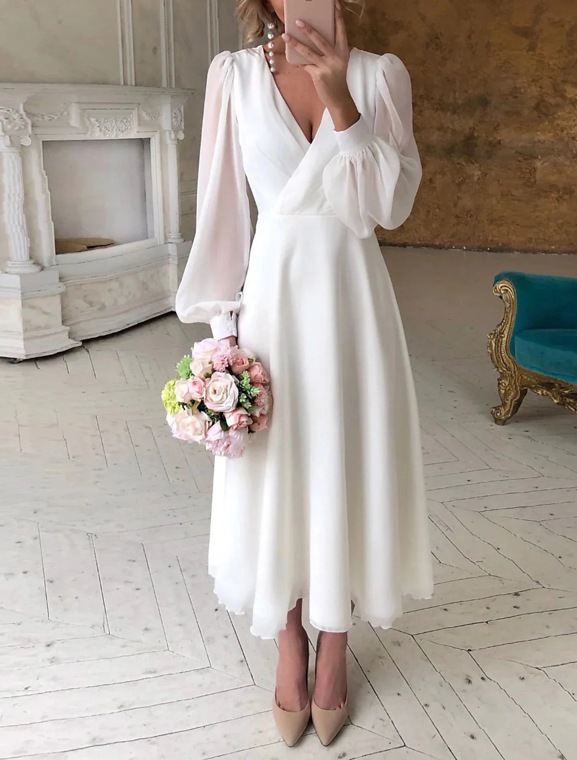 Simple Chiffon White Reception Wedding Dress Ankle Length Long Sleeve