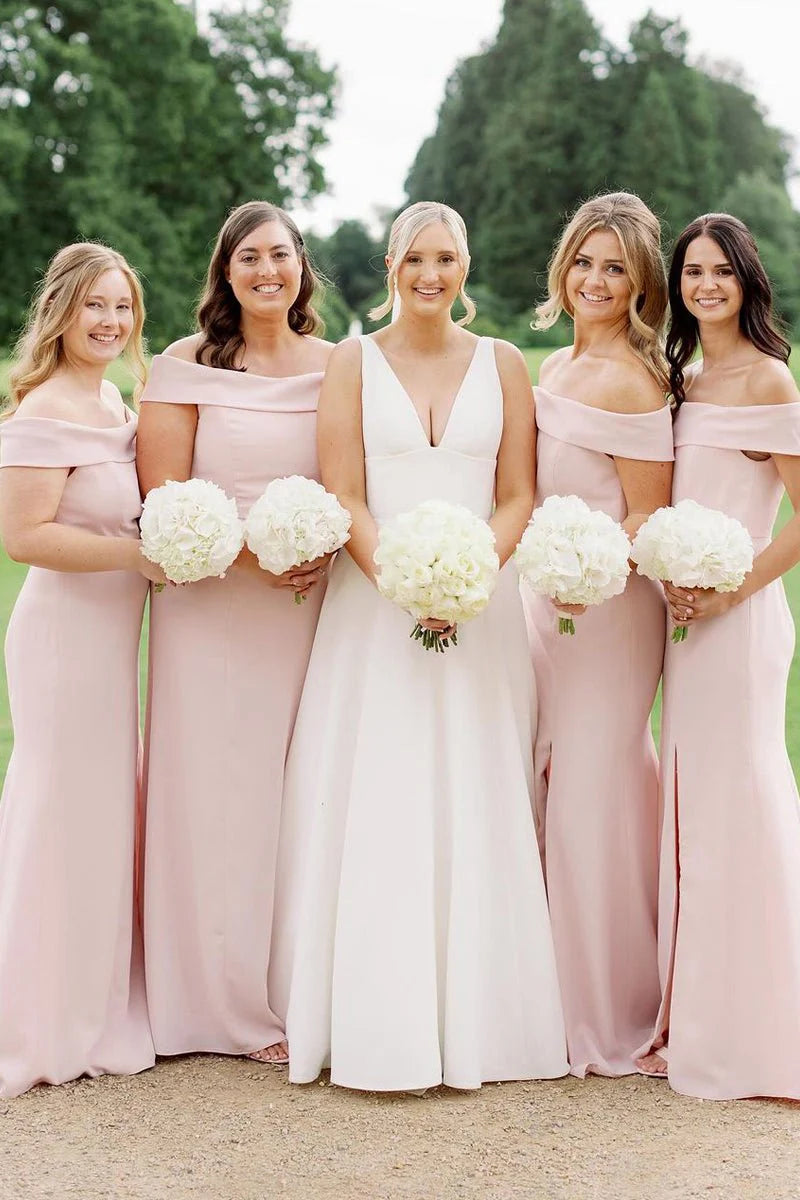 Simple Light Pink Bridesmaid Dress Mermaid Maxi Dress Off-the-Shoulder