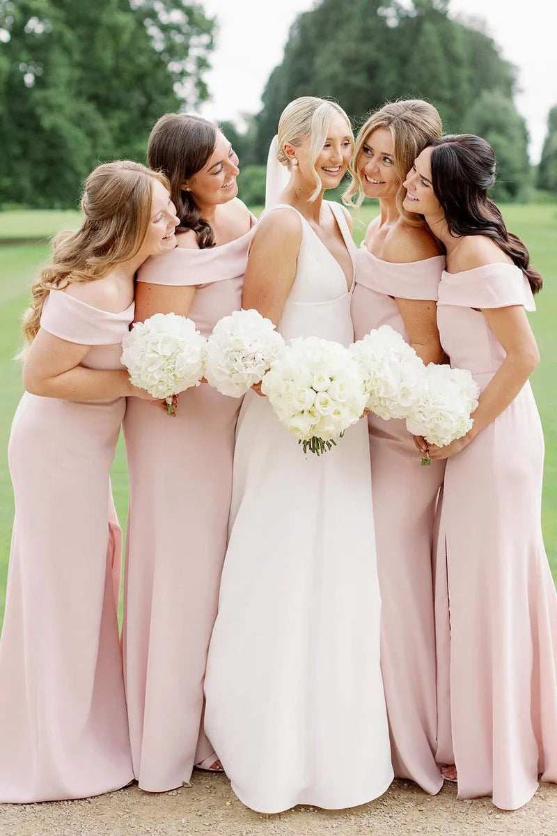 Simple Light Pink Bridesmaid Dress Mermaid Maxi Dress Off-the-Shoulder
