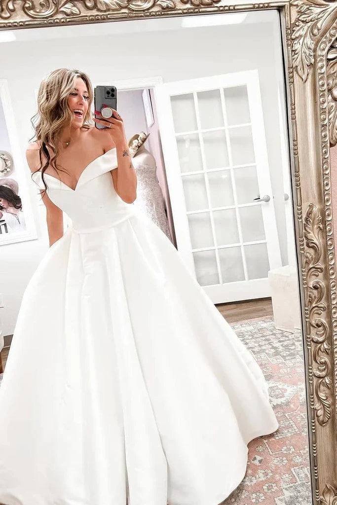 Simple Off the Shoulder Satin Beach Wedding Dress with Button train Mychicdress