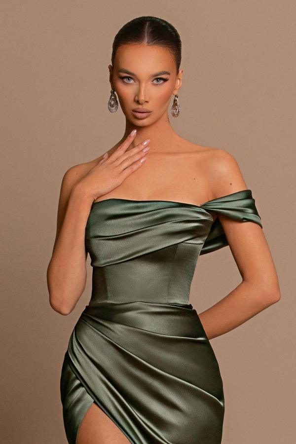Simple Olive Green Long Satin Evening Dress UK Cheap Mychicdress