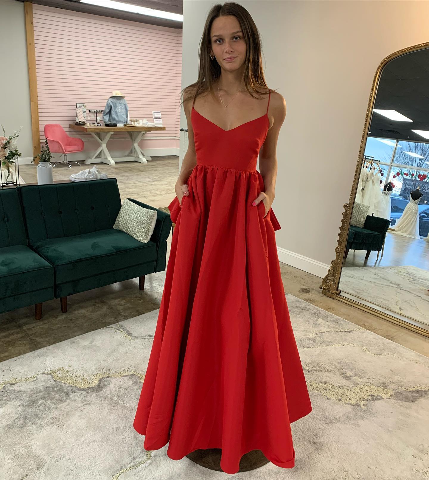 Simple Red Mid Length Wedding Guest Dress V Neck with Bow Back Mychicdress