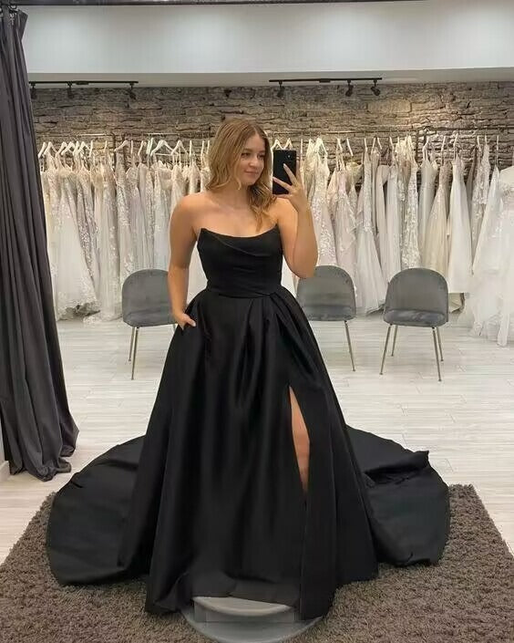 Simple Strapless Black Wedding Dresses Gothic Satin with Slit