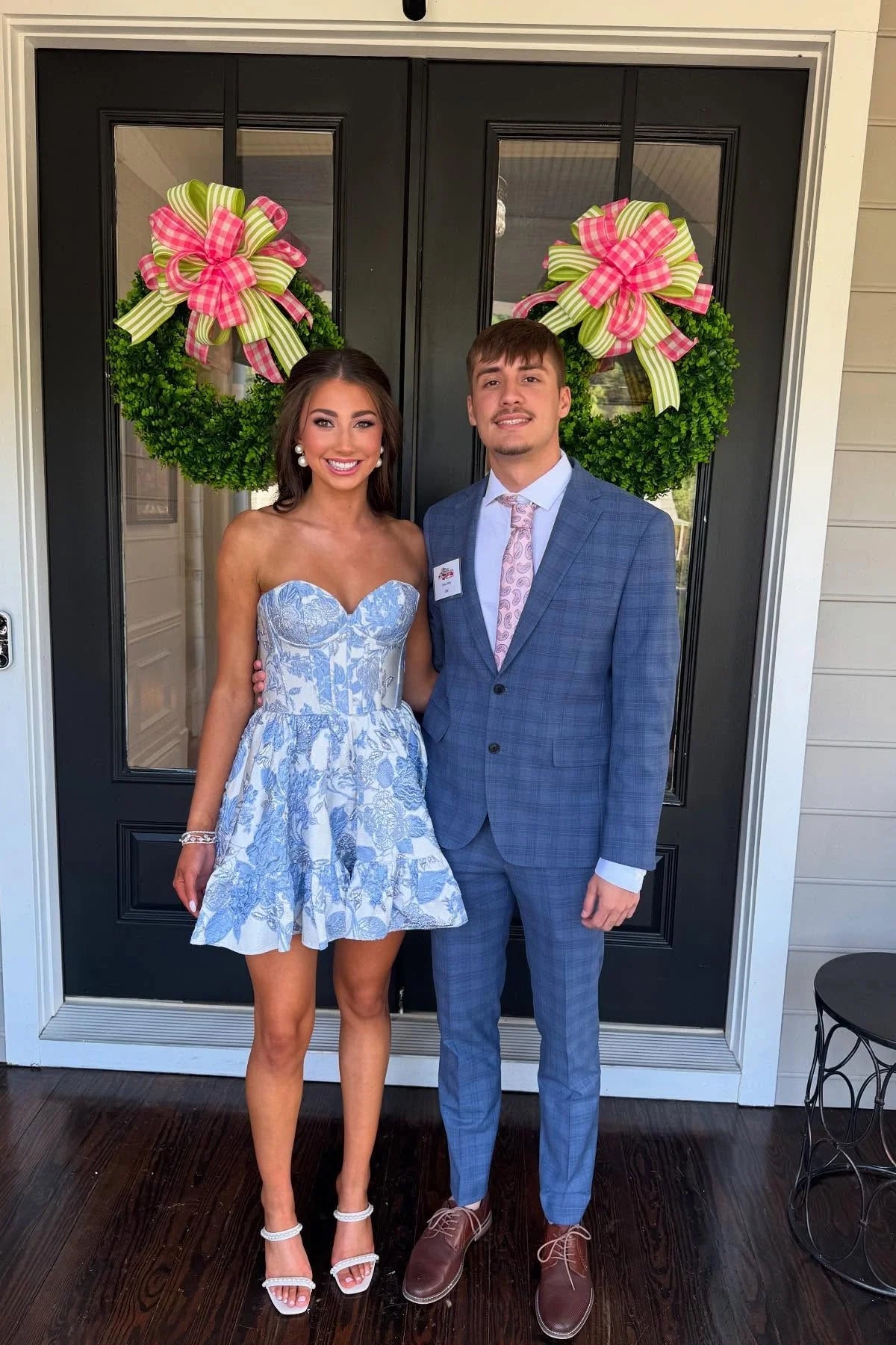 Simple Strapless Floral Printed Blue Homecoming Dress Mini