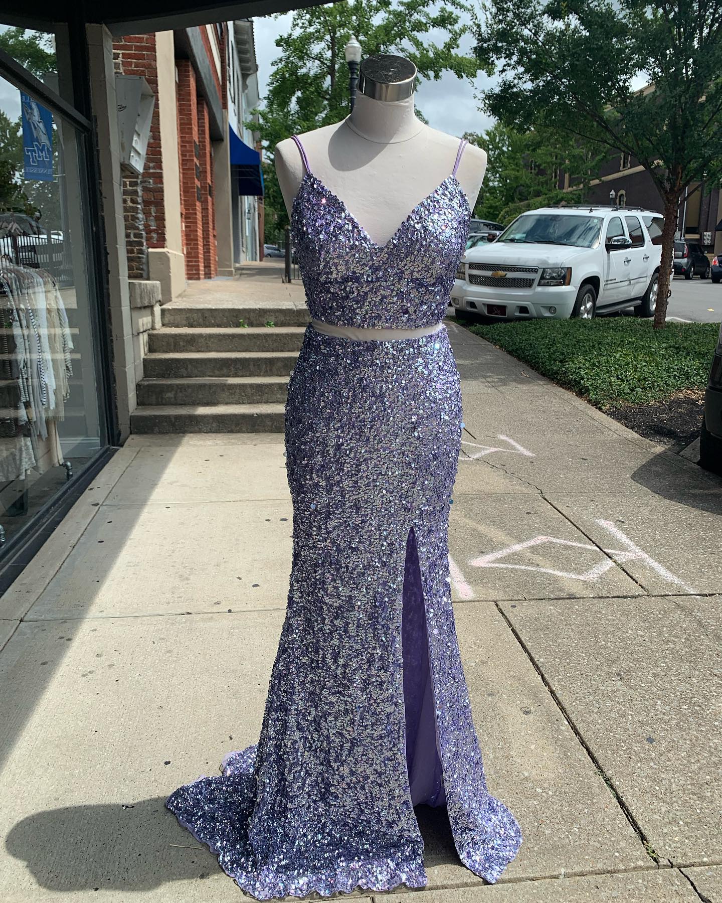 Vestido de baile simples de duas peças com lantejoulas sereia vermelha