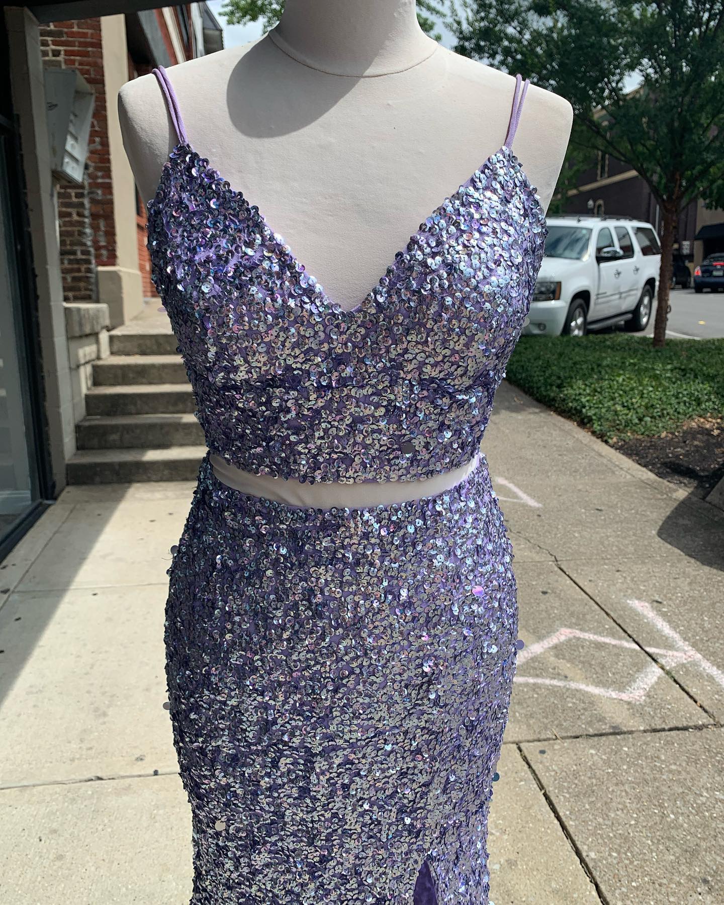 Vestido de baile simples de duas peças com lantejoulas sereia vermelha