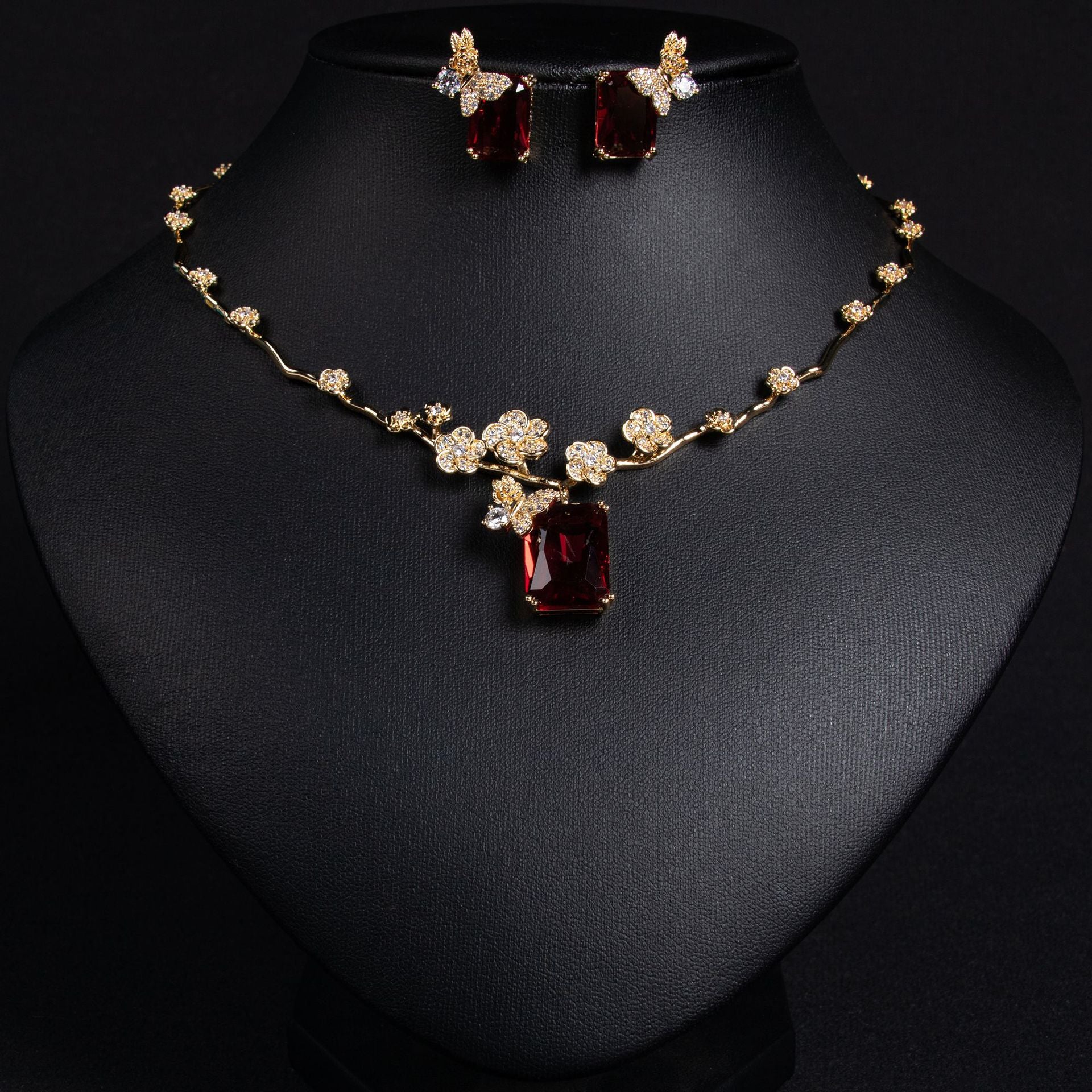 Simple Versatile Fashion Square Zircon Ruby Necklace Earrings Set