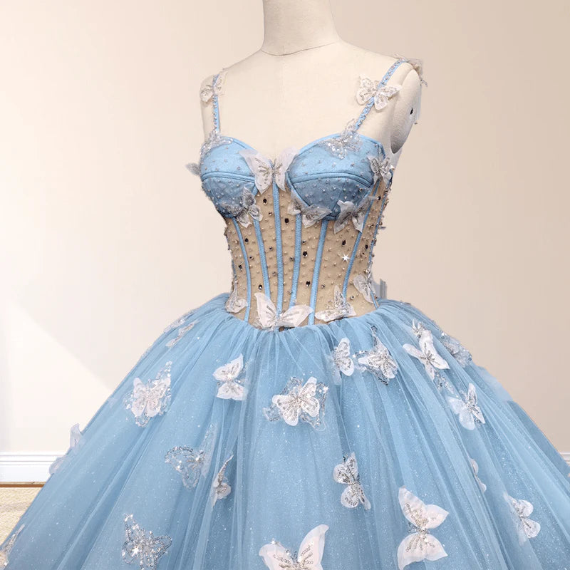 Sky Blue Quinceanera Dresses with 3D Butterfly Beading Appliques Mychicdress