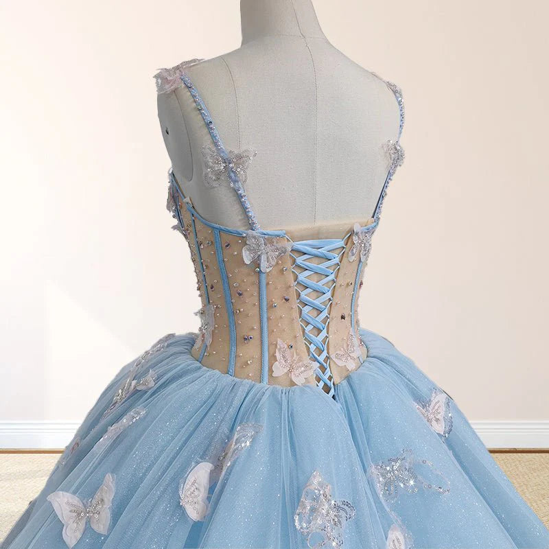 Sky Blue Quinceanera Dresses with 3D Butterfly Beading Appliques