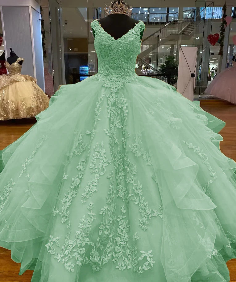 Green Lace Quinceanera Dress Appliques Beaded
