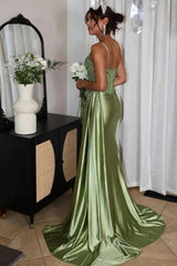 Spaghetti Straps Sage Green Sequined Prom Dress Appliqued Mermaid