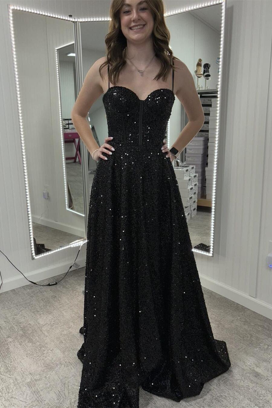 Sparkly Black Sequins Long Evening Dresses Mermaid