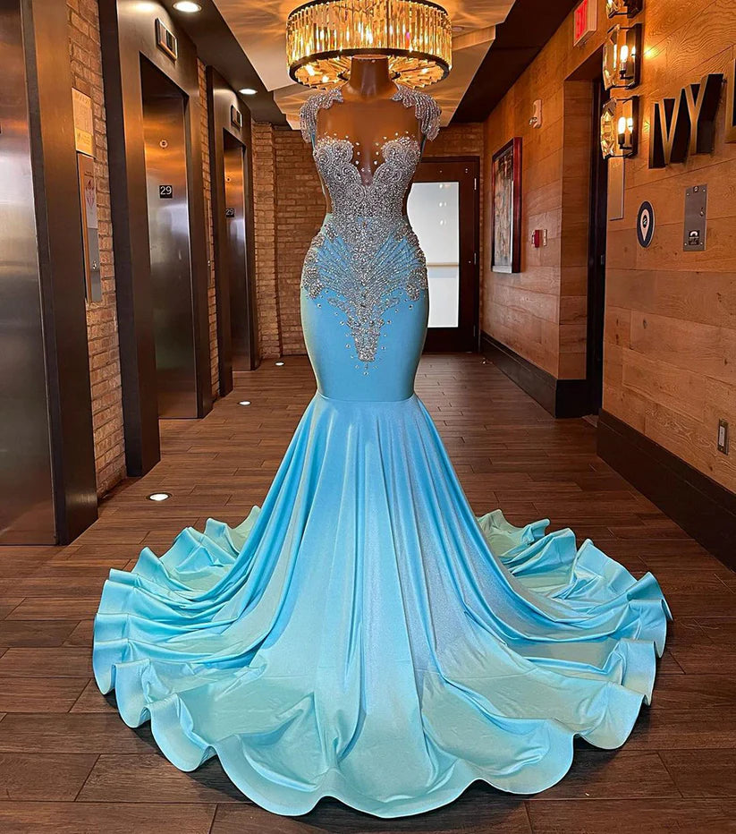 Sparkly Blue Prom Dresses Luxury Diamond for Black Girls Mychicdress