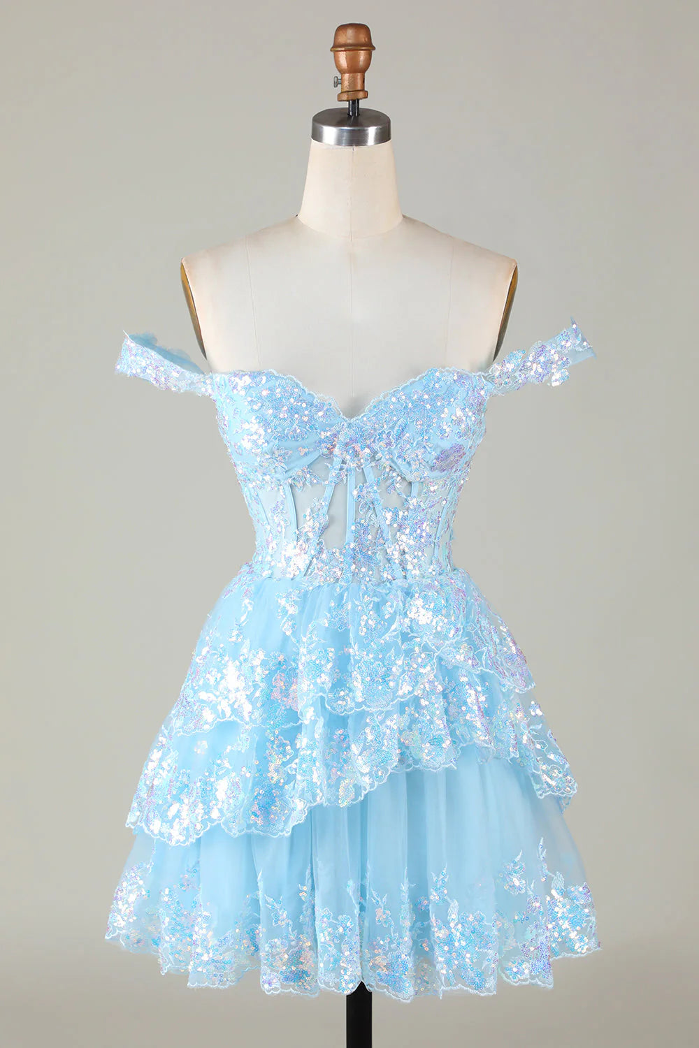 Sparkly Corset blue Homecoming Dress Tiered A-Line