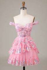 Sparkly Corset Homecoming Dress pink Tiered A-Line