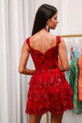 Sparkly Corset Red Homecoming Dress Tiered A-Line