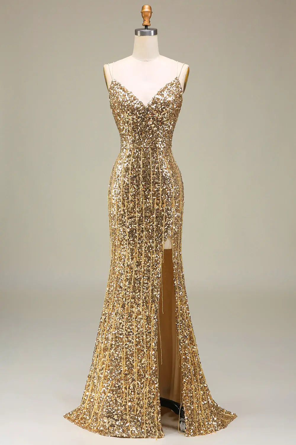 Gold sequin evening gown Sparkly Long Prom Dress Mermaid with Slit