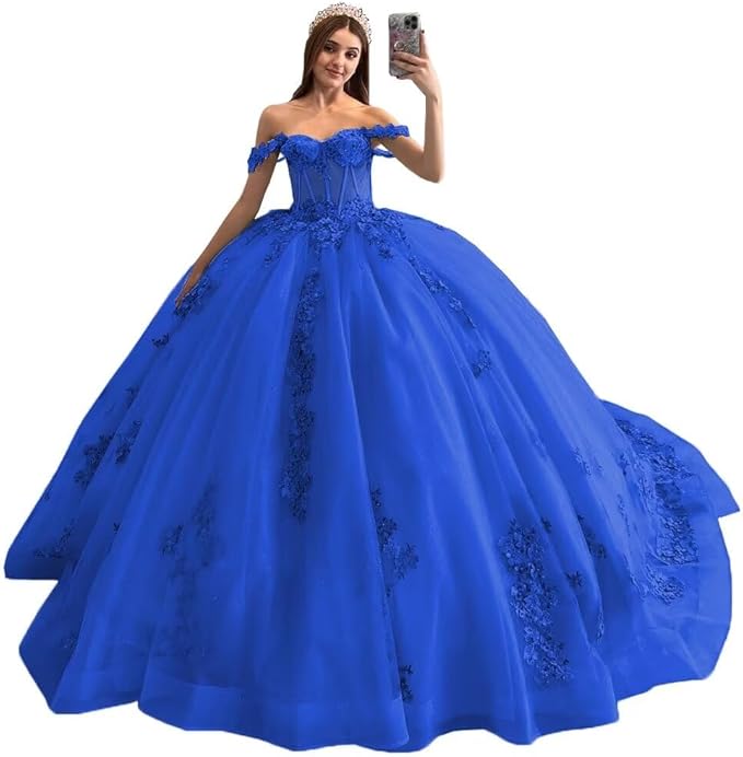 Sparkly Puffy blue Sweet 16 Quinceanera Dresses Lace Beaded 3D Floral Mychicdress