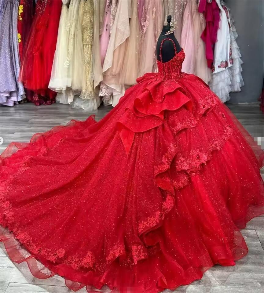 Sparkly Red Tiered Ruffles Quinceanera Dresses Sequin Lace Vestidos De 15