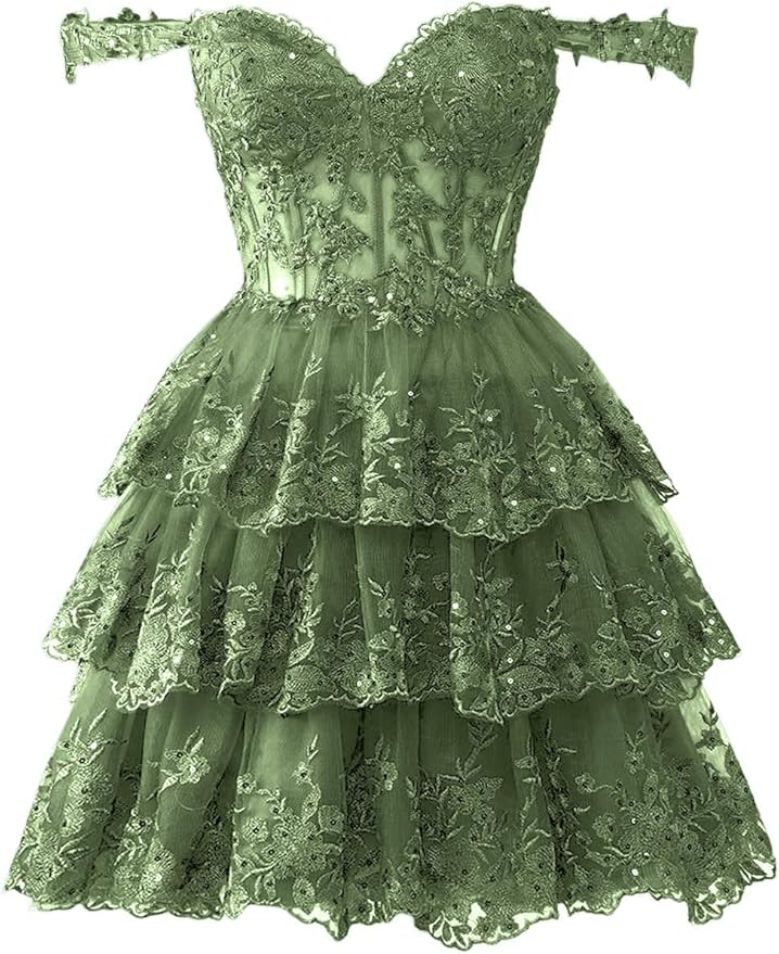 Sparkly Short Corset Tiered Ruffle Homecoming Dresses Off the Shoulder