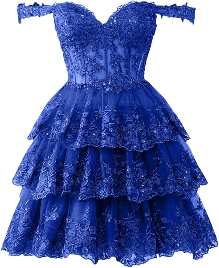 Sparkly Short Corset Tiered Ruffle Homecoming Dresses Off the Shoulder