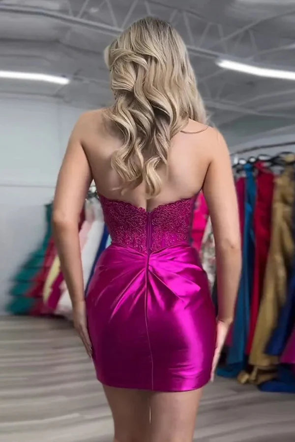 Sparkly Strapless fuchsia Homecoming Dress with Lace Beaded