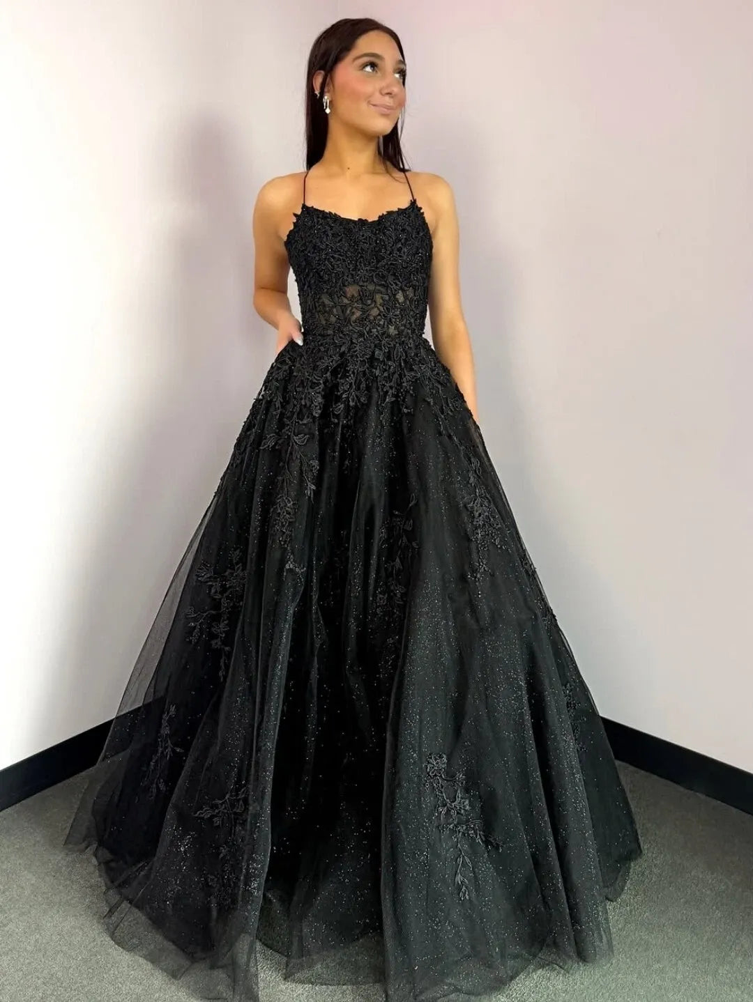 Spring Black Lace Prom Dresses A Line Tulle Evening Gowns Sleeveless