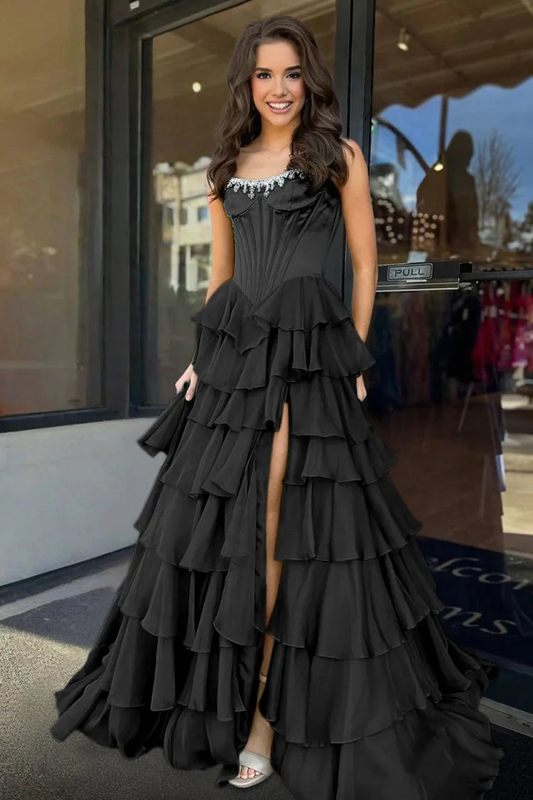 Strapless black Ruffled Prom Dresses A Line Chiffon Beading